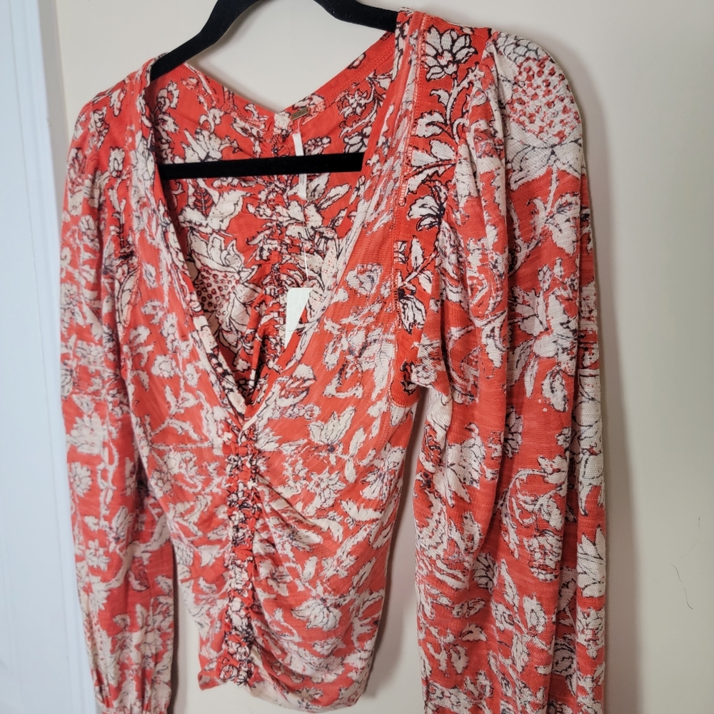 Free‎ People Say The Word Floral Print V-Neck Long Blouson Sleeve Ruched Top XS - Picture 4 of 11